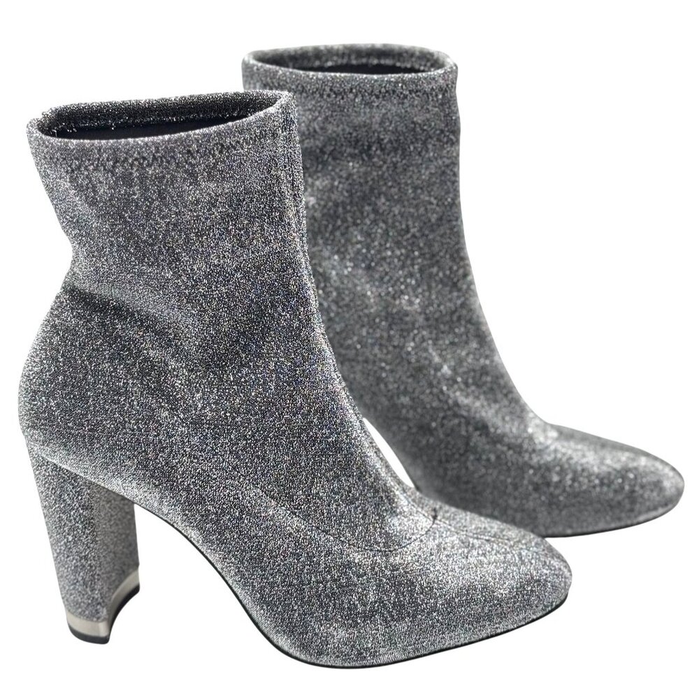 Michael Kors Size 8.5 Mandy Glitter Stretch-Knit Ankle Boots Silver